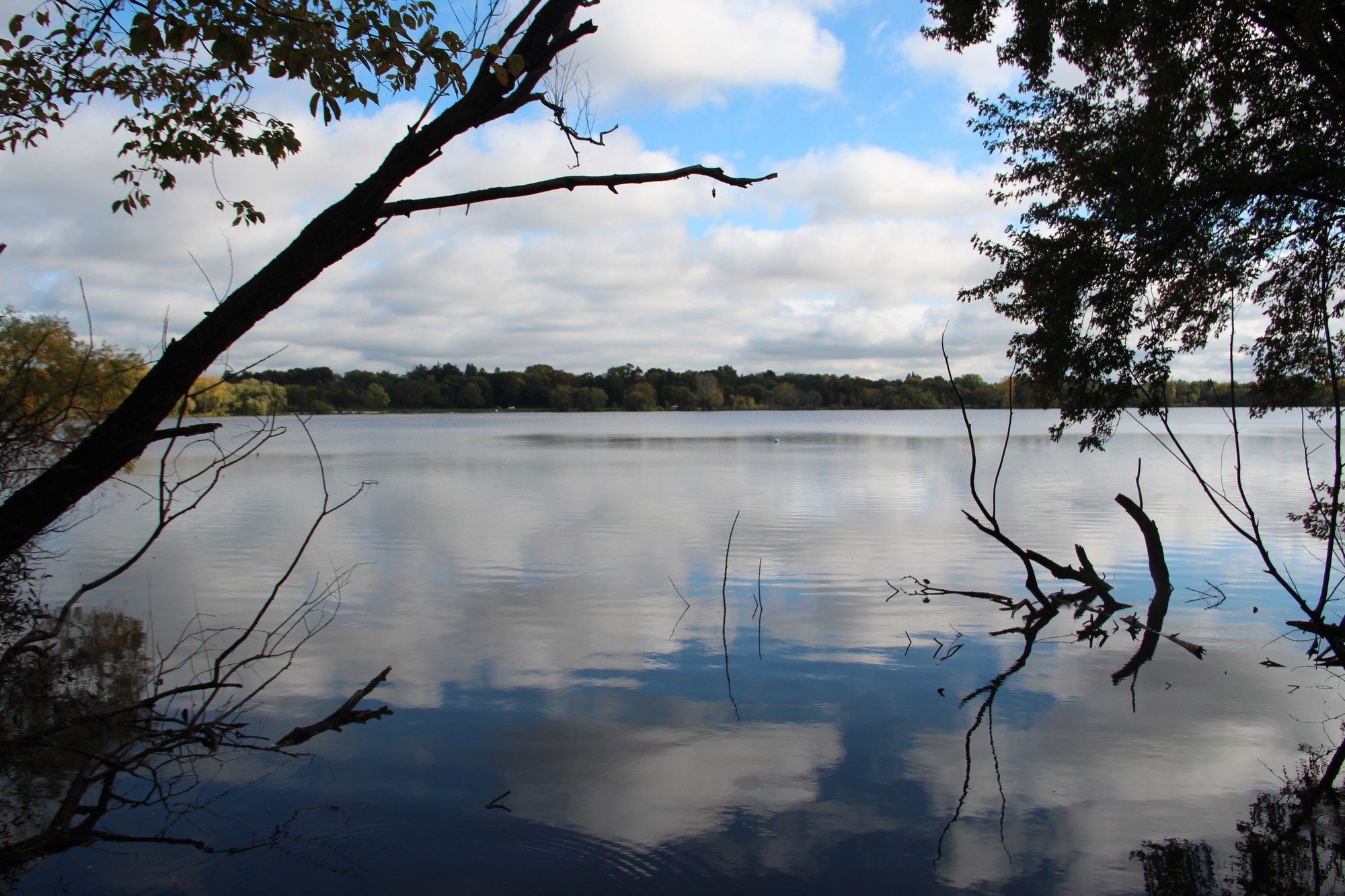Lake Nokomis seen from the parkway bridge, with trees framing the water